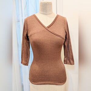 Michael Stars Y2K cocoa knit mock wrap top OS fitted bodycon 3/4 sleeve